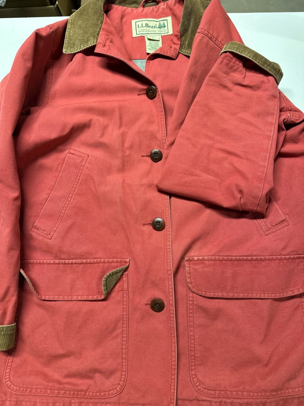 L.L. Bean Coral-Red Canvas Jacket with Brown Corduroy Collar - Picture 3 of 3